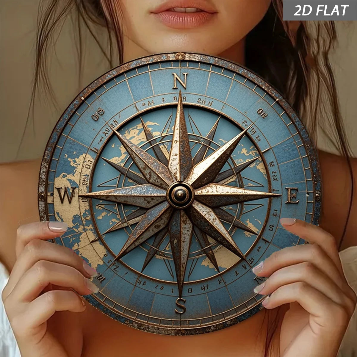 2D Flat, 1pc Vintage Compass Wall Art - Antique  Device Metal Sign, Round 20.32cm/8in Aluminum Rustic Nautical