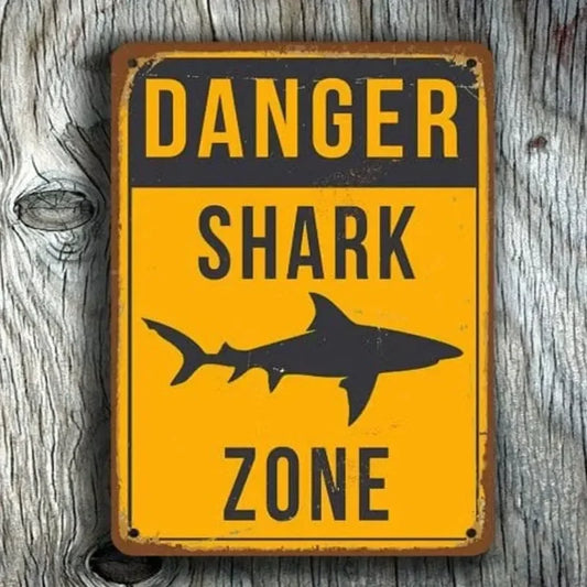 "DANGER Shark Zone" Vintage Warning Metal Tin Sign - Retro Nautical Wall Decor - Rustic Yellow Plaque for Beach House, Pool, Man