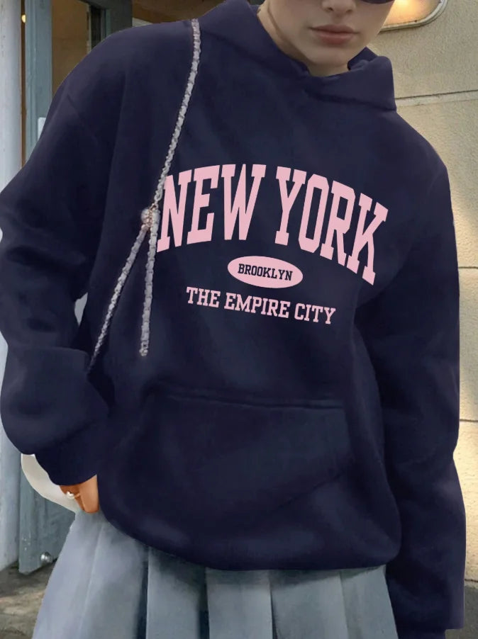 2026 Fashion New Arrival Letter Graphic Kangaroo Pocket Drawstring Hoodie Long Sleeve Casual Tops Basic Top T Shirt