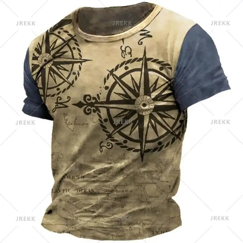 Vintage Nautical Map Compass Printing T Shirts Summer Daily Men Loose Short Sleeve Male Tees Casual Tops Unisex Clothing Apparel