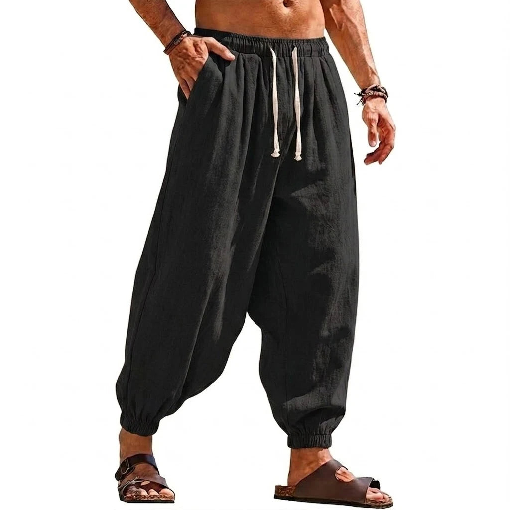 Mens Linen Harem Trousers Baggy Jogger Pants Lightweight Casual Bottoms Breathable Loose Trousers for Hiking Gym and Daily Work