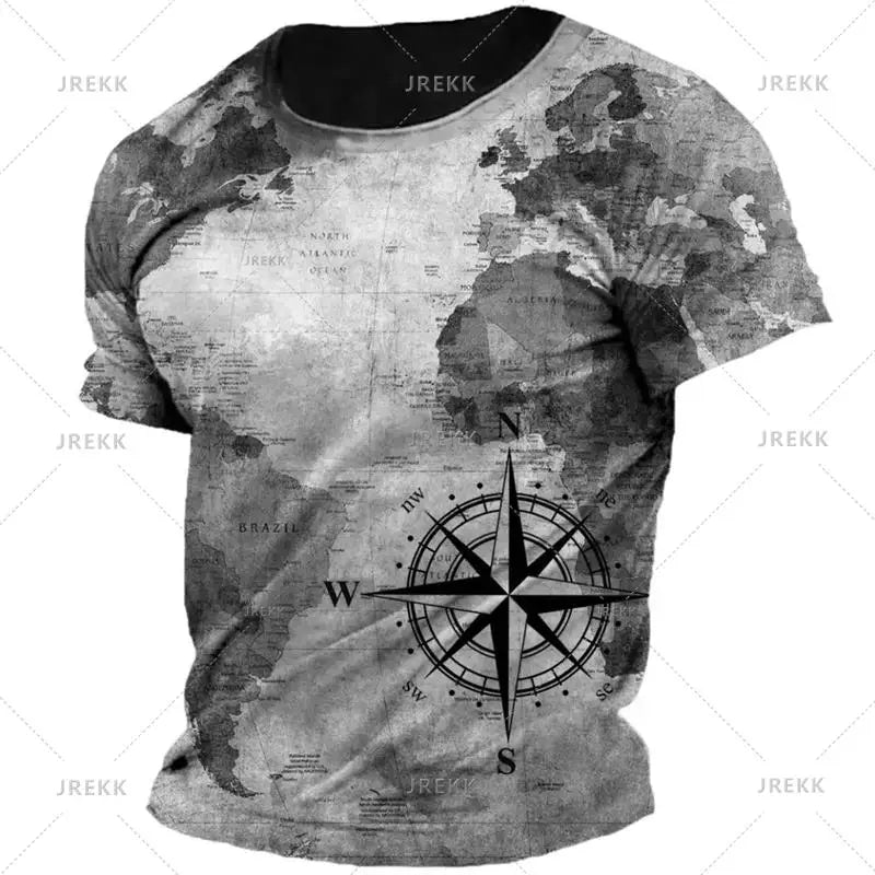 Vintage Nautical Map Compass Printing T Shirts Summer Daily Men Loose Short Sleeve Male Tees Casual Tops Unisex Clothing Apparel