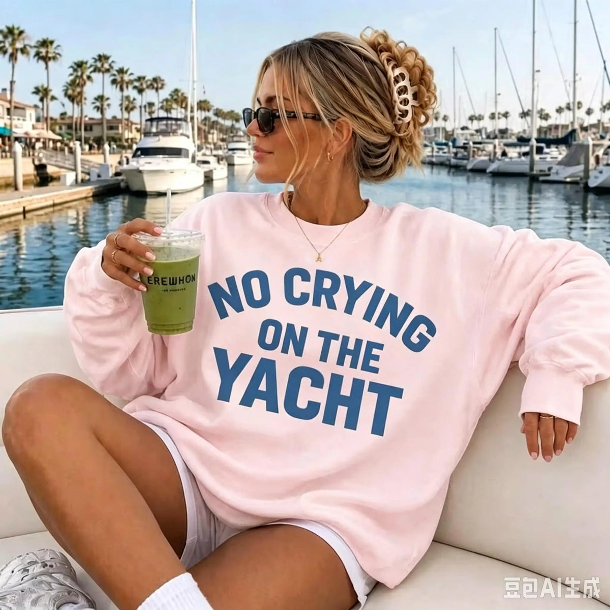 Oversized Crewneck Sweatshirt, Retro Millennium‑Style "No Crying On The Yacht" Lake Life Graphic Print Pullover, Cute Long‑Sleeve Tops For Summer Fall Women Daily Wear
