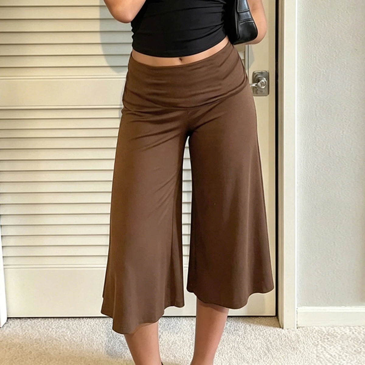 SUCHCUTE Women Fold Over Low Waist Knit Capri Pants Wide Leg Cropped Culottes Loose Flowy 7/8 Trousers Y2K Casual Streetwear New