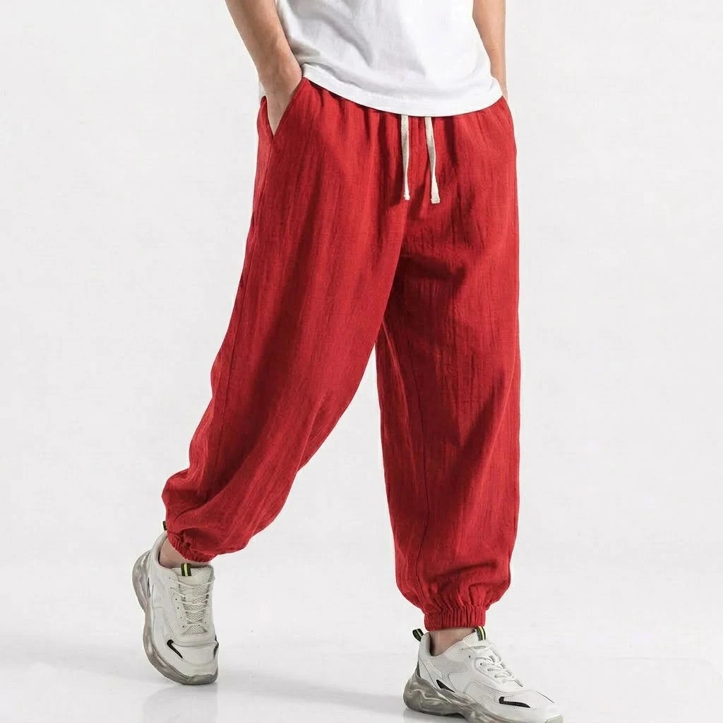 Mens Cotton Linen Harem Trousers Spring Summer Drawstring Loose Baggy Bottoms Casual Streetwear Pants for Gym Daily Work