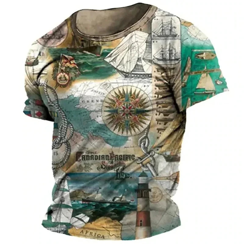 Vintage Nautical Map Compass Printing T Shirts Summer Daily Men Loose Short Sleeve Male Tees Casual Tops Unisex Clothing Apparel