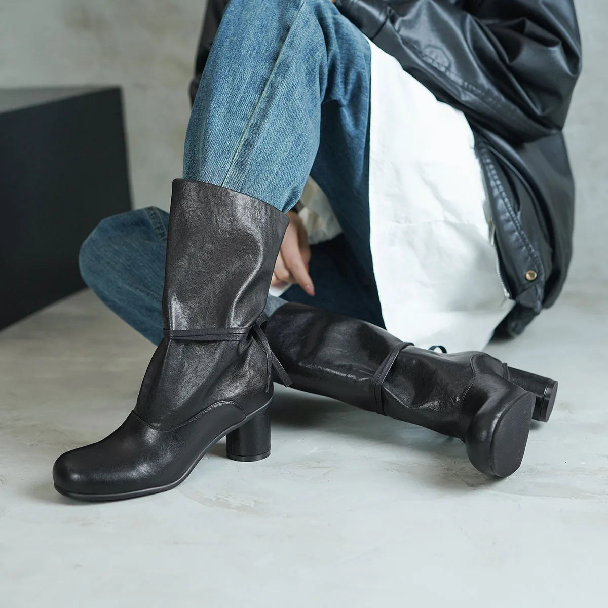 Arden Furtado Autumn cowhide Ankle strap Modern boots Round toe slip-on Chunky heels Mid-Calf boots Large size Women's Boots