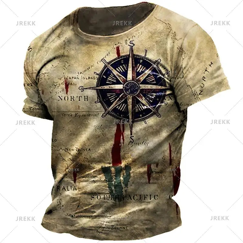 Vintage Nautical Map Compass Printing T Shirts Summer Daily Men Loose Short Sleeve Male Tees Casual Tops Unisex Clothing Apparel