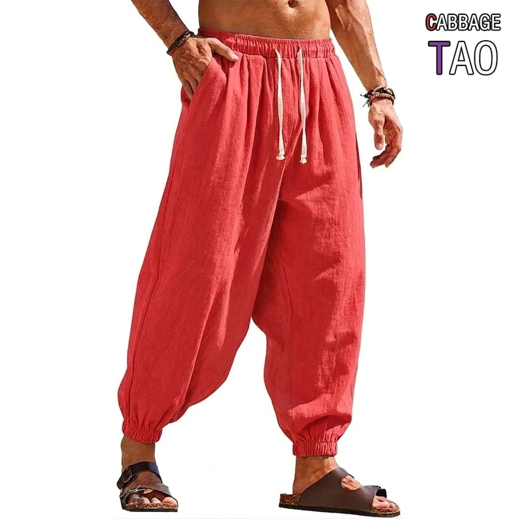 Mens Linen Harem Trousers Baggy Jogger Pants Lightweight Casual Bottoms Breathable Loose Trousers for Hiking Gym and Daily Work