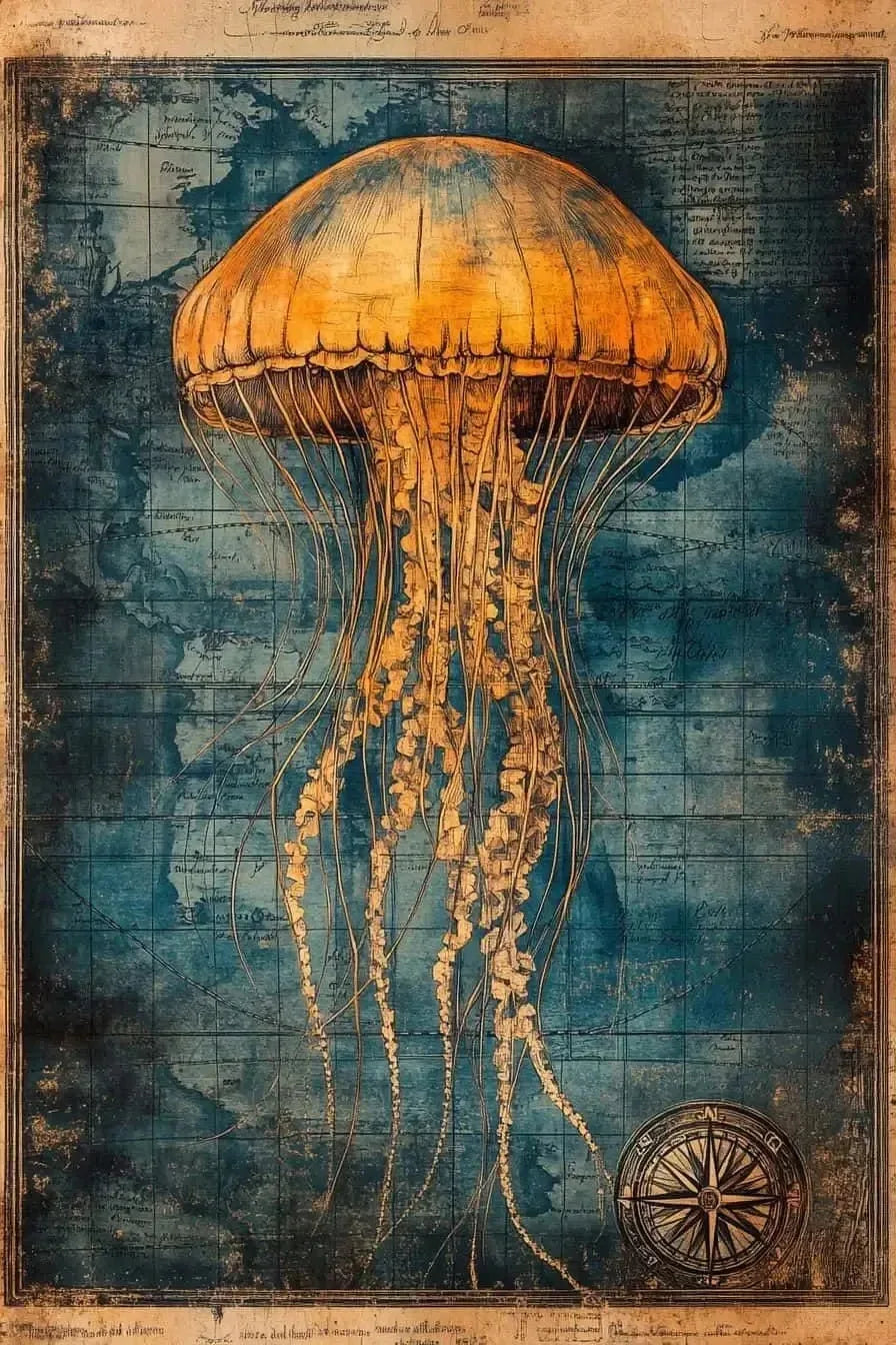 （2D canvas painting）Vintage Nautical Poster Prints Antique Sea Treasure Map Canvas Painting Wall Art Picture for Living Room