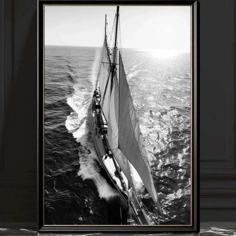 Black White Sailing Boat Canvas Wall Art Nautical Ocean Yacht Poster Set Coastal Style Living Room Bedroom Home Wall Decor