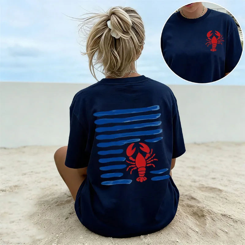 Women's White Oversized T-Shirt Red Lobster & Blue Stripes Print Casual Short Sleeve Tee Summer Beach Nautical Crew Neck Top