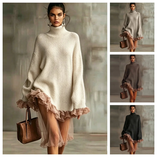 Long Sleeve Lace Patchwork Long Sweaters Women Fall Turtleneck Knit Elegant Pullovers New Casual Solid Lady Mini Dress Sweater