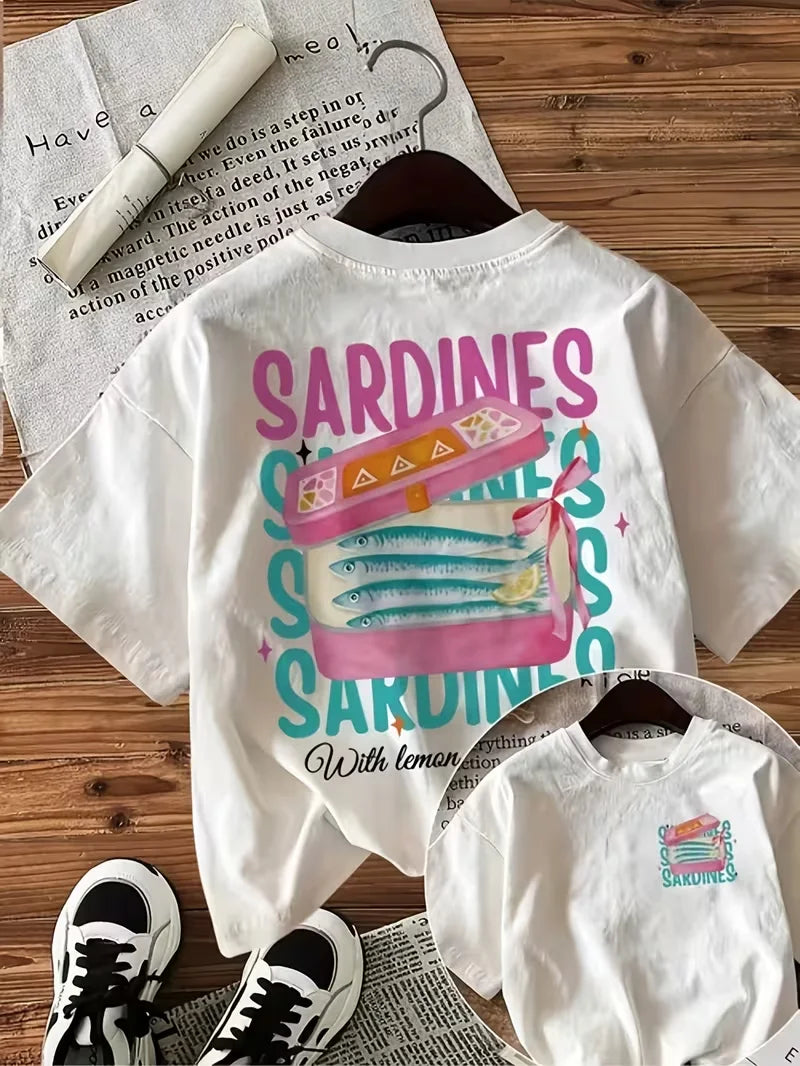 Women's Vintage Nautical Sardine Print T-Shirt, Double-Sided Graphic Casual Round Neck Short Sleeve Top for Spring Summer Fall