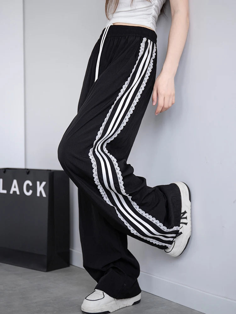Korean Lace Patchwork Women's Trousers, Side Stripe Webbing Wide-Leg Pants, Casual Baggy Sweatpants, Women's Pants Trend 2026