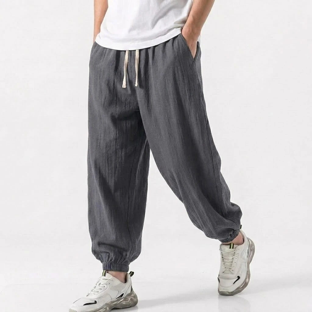 Mens Cotton Linen Harem Trousers Spring Summer Drawstring Loose Baggy Bottoms Casual Streetwear Pants for Gym Daily Work