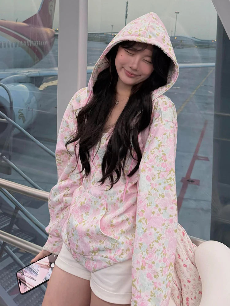 Aoaiiys Floral Print Hoodies Women Streetwear Zipper Loose Sweatshirt Long Sleeve Hoodies Y2k Autumn Winter New Sweatshirts Coat