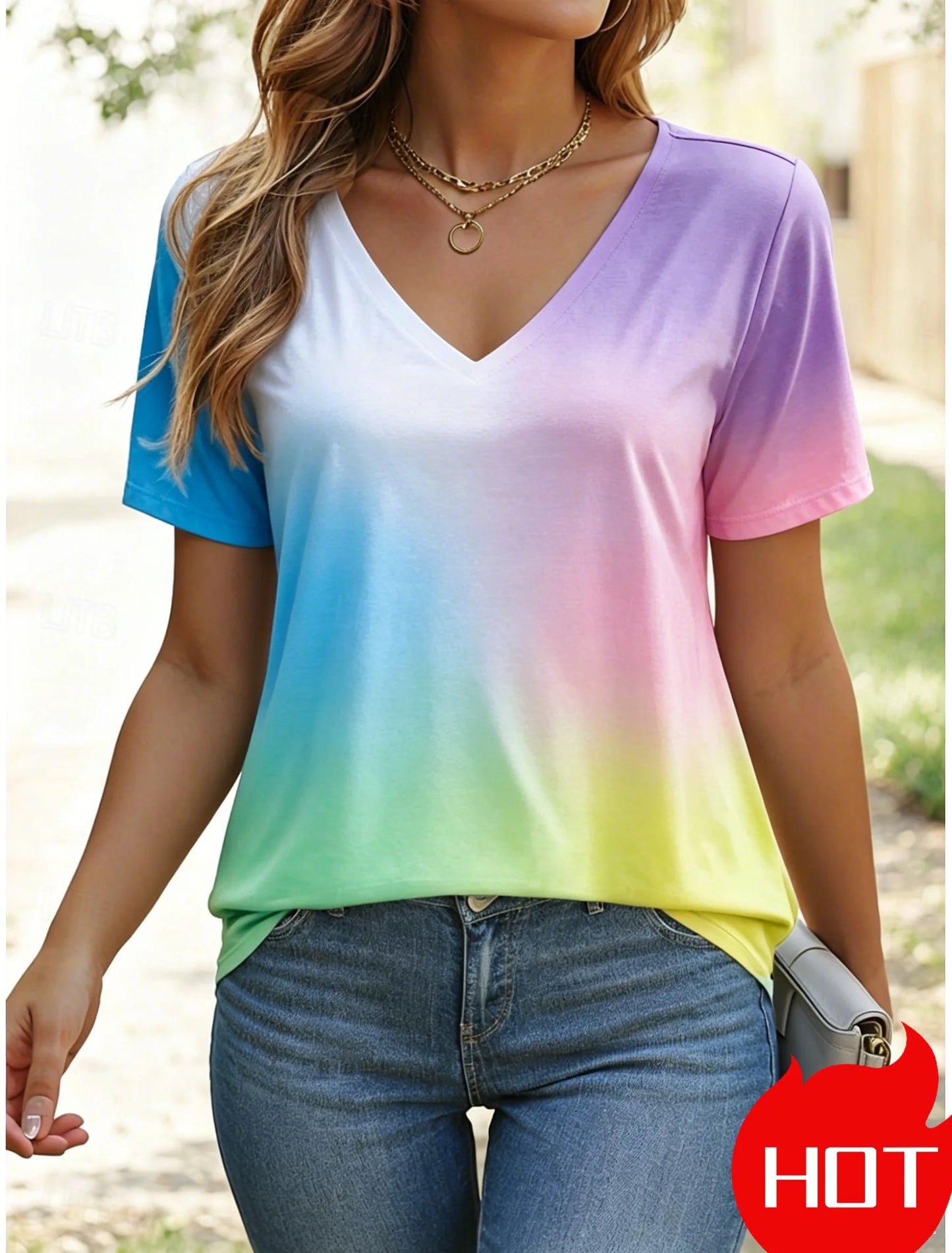 Women's T Shirt Ombre Graphic Stylish Casual Short Sleeve V Neck Regular Tops Daily Print Summer Gradient Women Fashion Tees