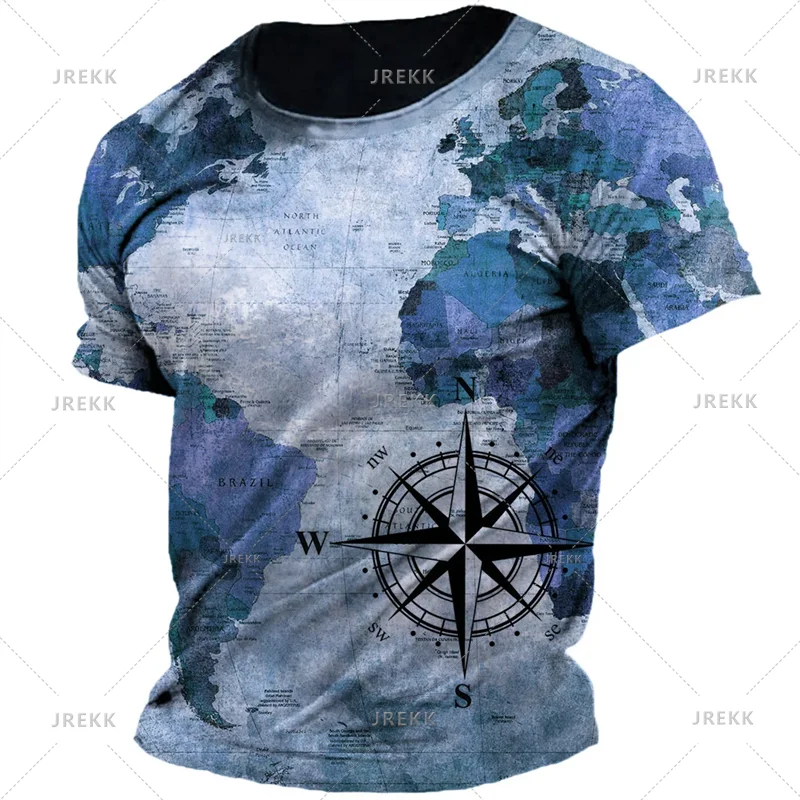 Vintage Nautical Map Compass Printing T Shirts Summer Daily Men Loose Short Sleeve Male Tees Casual Tops Unisex Clothing Apparel