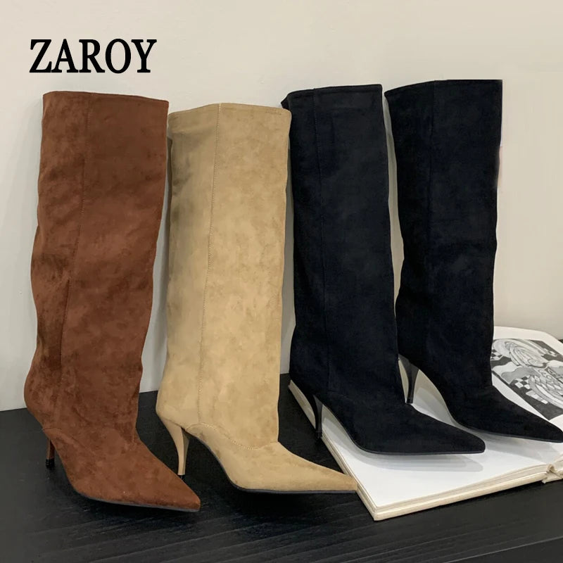 ZAROY Knee High Women Boots Winter Warm Snow Boots Sexy Thin High Heel Point Toe Suede Long Boots Brand Designer Banquet Booties