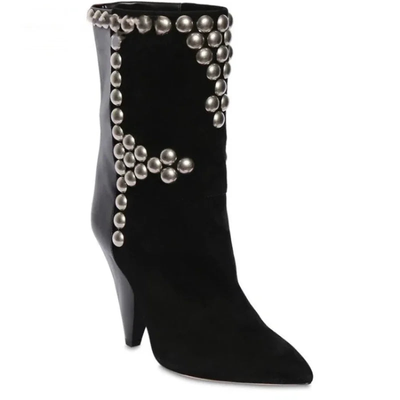 Rivets Studed Women Over The Knee High Boots Long Boots Flock Leather Patchwork High Heel Pointed Toe Runway Bota Black Beige