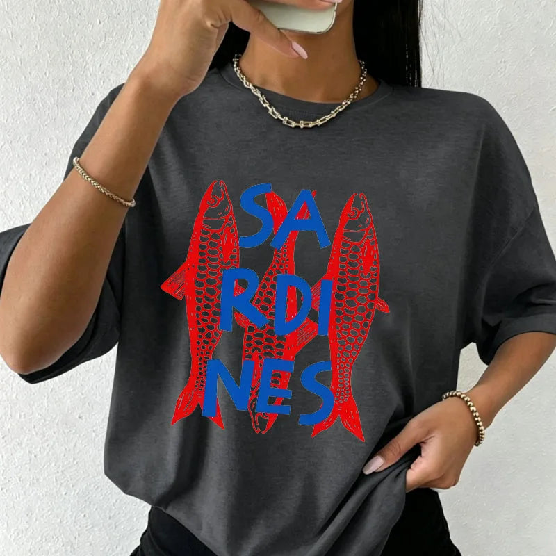 Women's White Oversized T-Shirt Red Lobster & Blue Stripes Print Casual Short Sleeve Tee Summer Beach Nautical Crew Neck Top