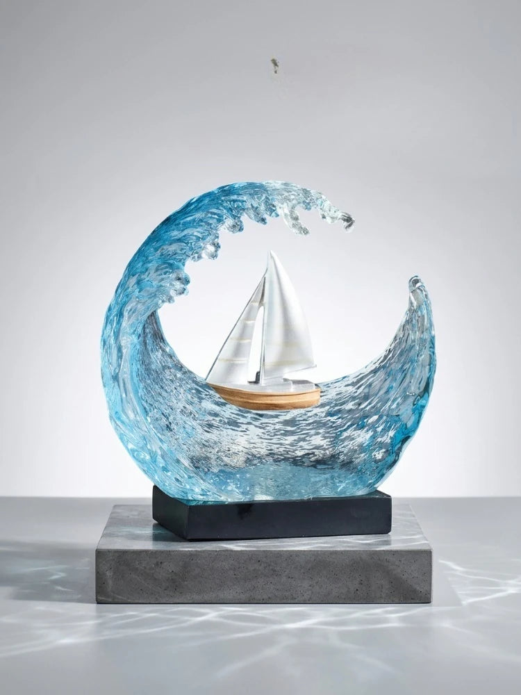 Transparent Resin Ocean Wave Sailboat Sculpture Desktop Ornament Sailing Nautical Model Figurine Living Room Office Home Decor