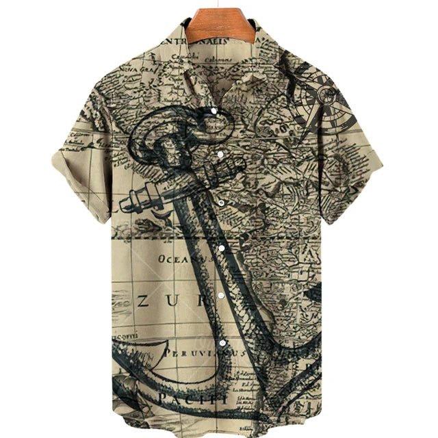 Vintage Men'S Sailing Hawaiian Casual Shirt For Blouse Men Fashion Short Sleeve Summer Street Top Male Clothes Camisas Casuais