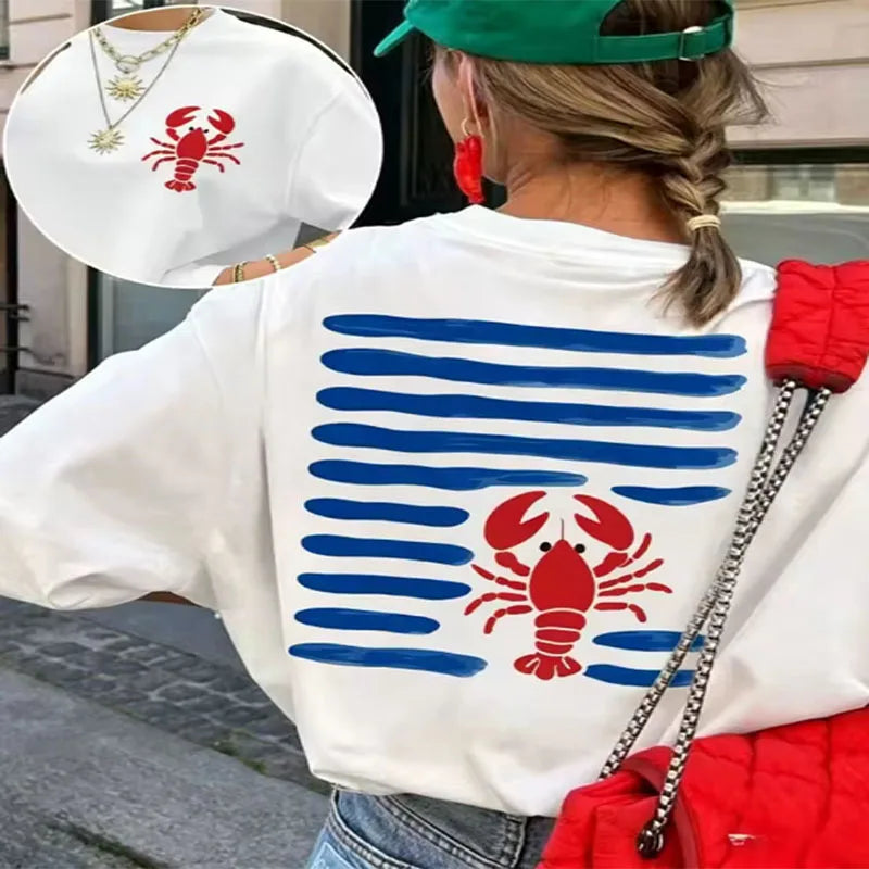 Women's White Oversized T-Shirt Red Lobster & Blue Stripes Print Casual Short Sleeve Tee Summer Beach Nautical Crew Neck Top