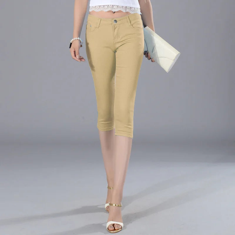 Women Color Capris Pants Stretchy Comfy Skinny Cropped Jeans Pants Button Front Casual Breathable