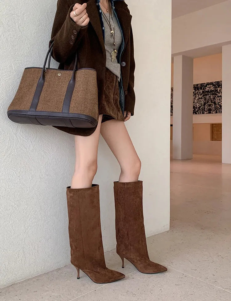 ZAROY Knee High Women Boots Winter Warm Snow Boots Sexy Thin High Heel Point Toe Suede Long Boots Brand Designer Banquet Booties