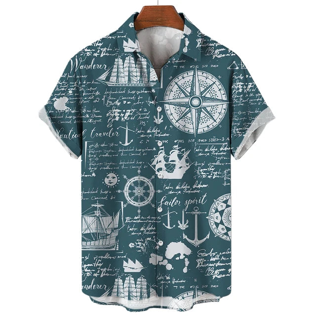 Vintage Men'S Sailing Hawaiian Casual Shirt For Blouse Men Fashion Short Sleeve Summer Street Top Male Clothes Camisas Casuais