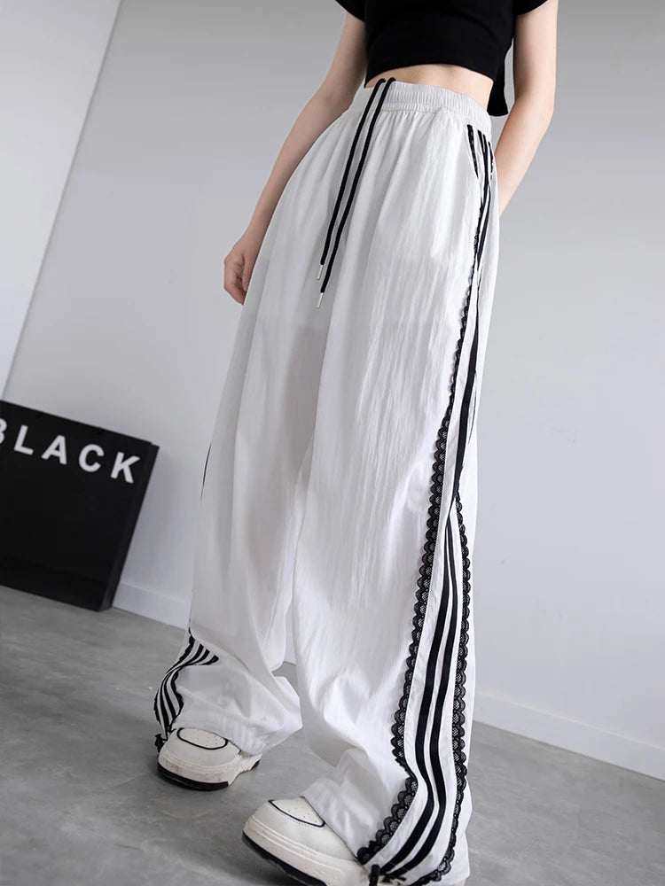 Korean Lace Patchwork Women's Trousers, Side Stripe Webbing Wide-Leg Pants, Casual Baggy Sweatpants, Women's Pants Trend 2026