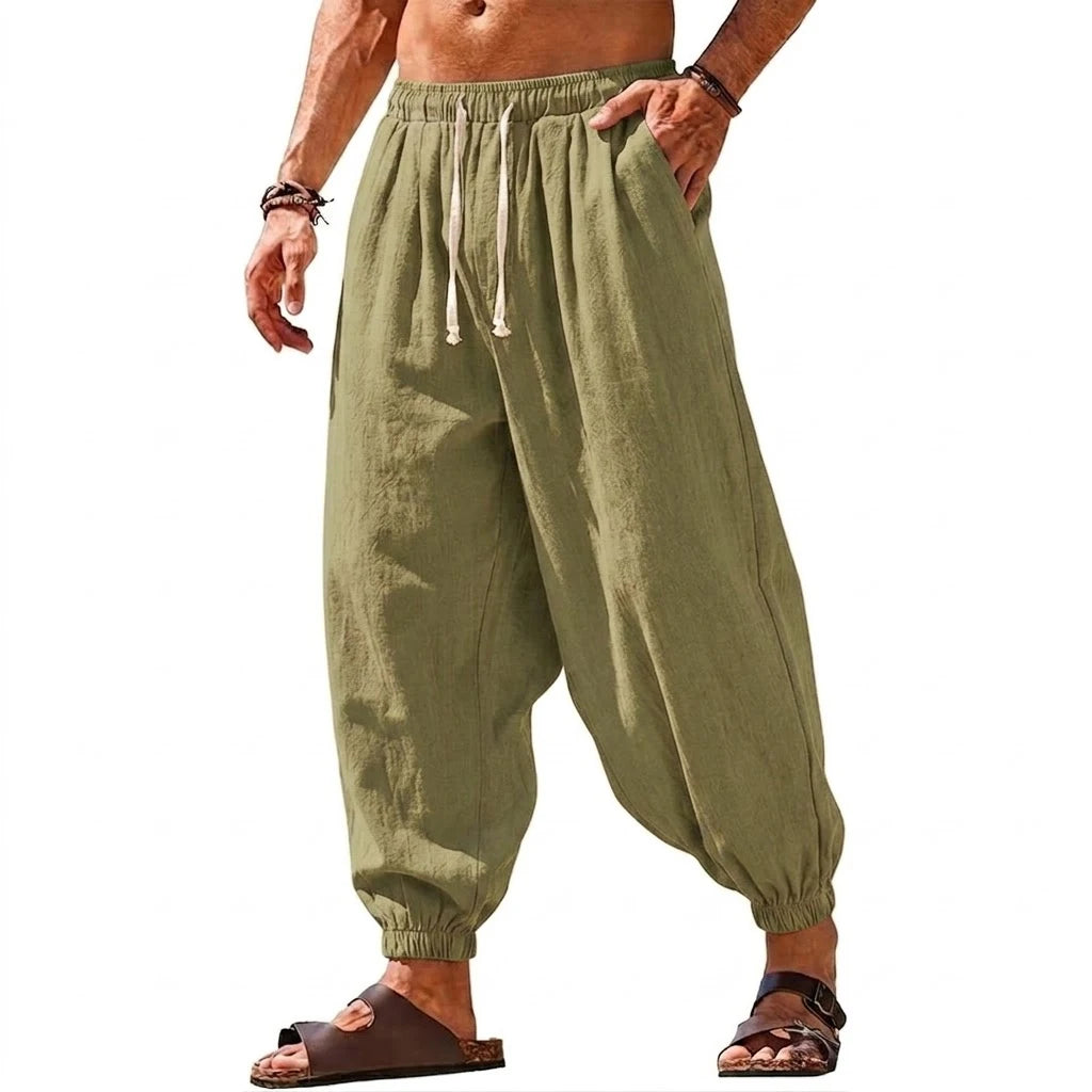 Mens Linen Harem Trousers Baggy Jogger Pants Lightweight Casual Bottoms Breathable Loose Trousers for Hiking Gym and Daily Work
