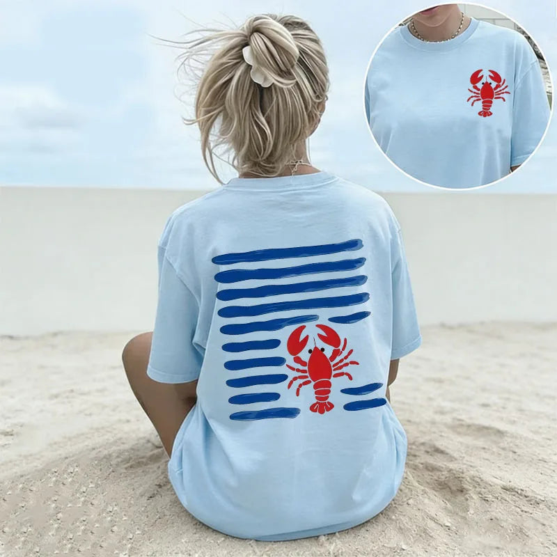 Women's White Oversized T-Shirt Red Lobster & Blue Stripes Print Casual Short Sleeve Tee Summer Beach Nautical Crew Neck Top