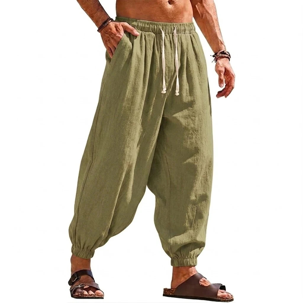Mens Linen Harem Trousers Baggy Jogger Pants Lightweight Casual Bottoms Breathable Loose Trousers for Hiking Gym and Daily Work