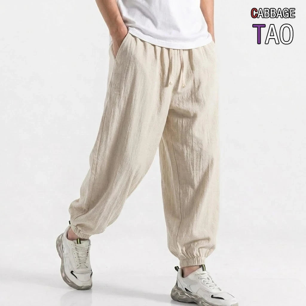 Mens Cotton Linen Harem Trousers Spring Summer Drawstring Loose Baggy Bottoms Casual Streetwear Pants for Gym Daily Work