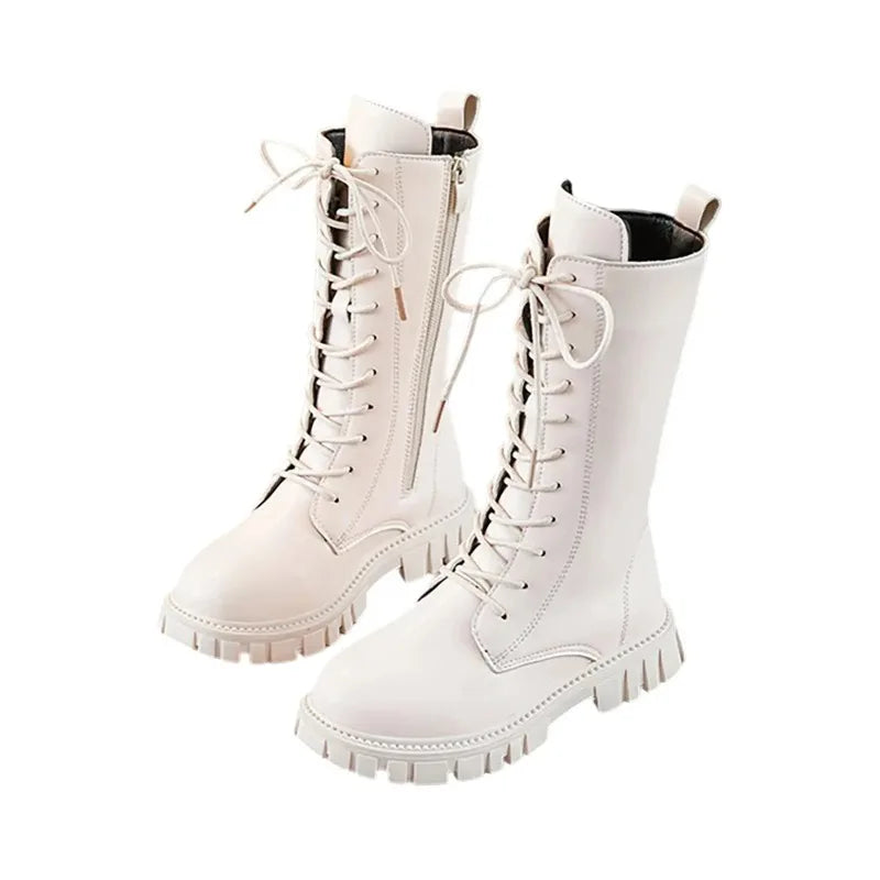 Girls White Lace-Up Boots Booties Side Zipper Soft Bottom Leather Dress/School Riding Boot Kids Autumn/Winter Fashion Mid Boots