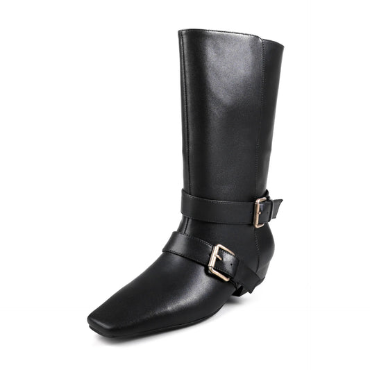 Arden Furtado Autumn Belt buckle cowhide Mid-Calf boots Square toe pull-on Middle heel Modern boots Large size Women's Boots
