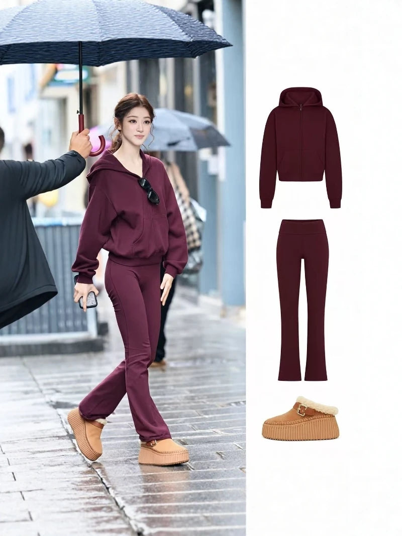 Classic Kangaroo Mouth Loose Casual Hooded Zipper Sweatshirt Set Autumn Winter Fashion Workwear Suit Women's Clothing