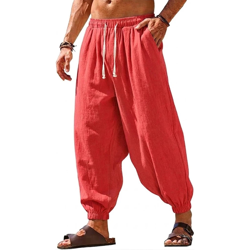 Mens Linen Harem Trousers Baggy Jogger Pants Lightweight Casual Bottoms Breathable Loose Trousers for Hiking Gym and Daily Work