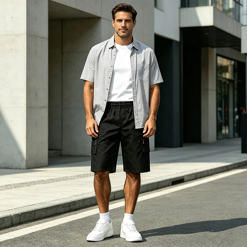 Men Multi Cargo Pocket Bermuda Shorts Elastic Drawstring Waist Loose Fit Outdoor Beach Travel Daily Knee Length Casual Shorts