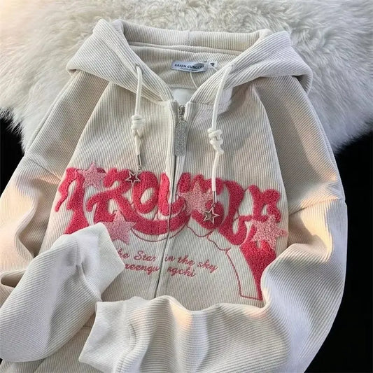 CGC Vintage Y2K Zip Up Hoodies Spring Autumn Loose Hooded Sweatshirts Harajuku Long Sleeve Tops Letter Printing Female Clothing