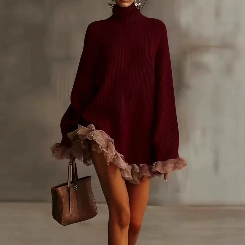 Long Sleeve Lace Patchwork Long Sweaters Women Fall Turtleneck Knit Elegant Pullovers New Casual Solid Lady Mini Dress Sweater
