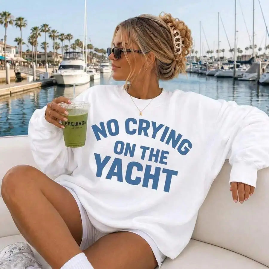 Oversized Crewneck Sweatshirt, Retro Millennium‑Style "No Crying On The Yacht" Lake Life Graphic Print Pullover, Cute Long‑Sleeve Tops For Summer Fall Women Daily Wear