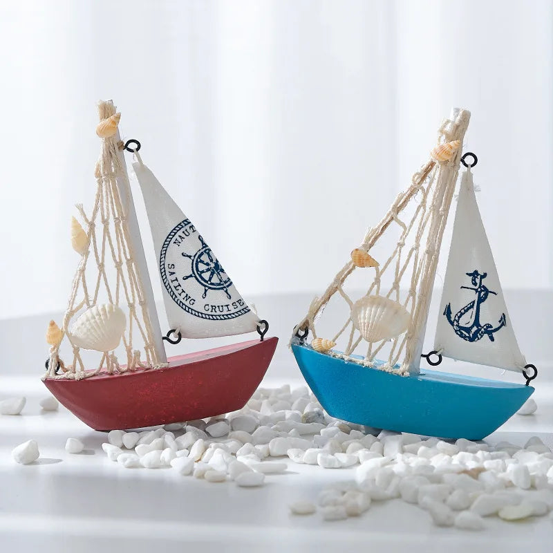 14cm/5.5inch Mini Sailboat Model Decoration Wooden Miniature Sailing Boat Home Decor Beach Nautical Design, Navy Blue and White
