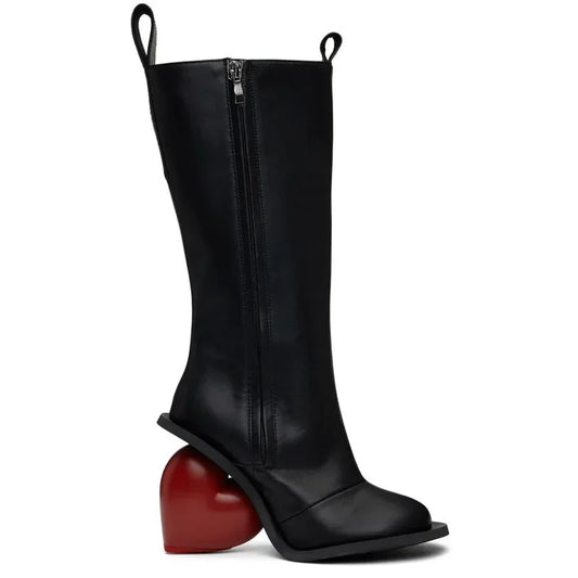 New Retro Sexy Round Toe Peach Heart Heel Side Zipper Knee High Boots European American Fashion Show Color Blocked Women's Boots